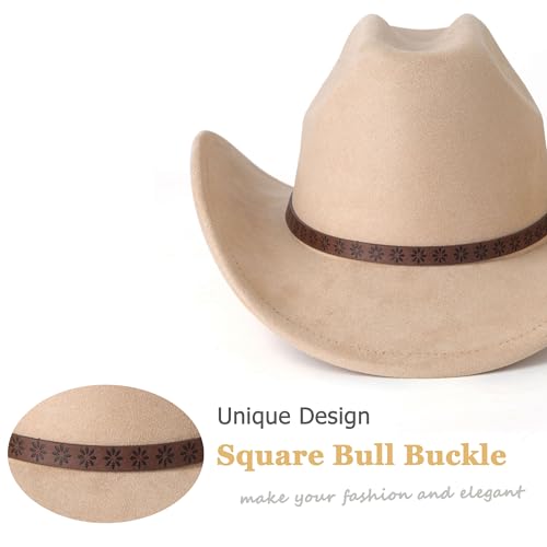 Western Cowboy Hat for Women Men Retro Suede Hat - color: Camel-small Flower Belt