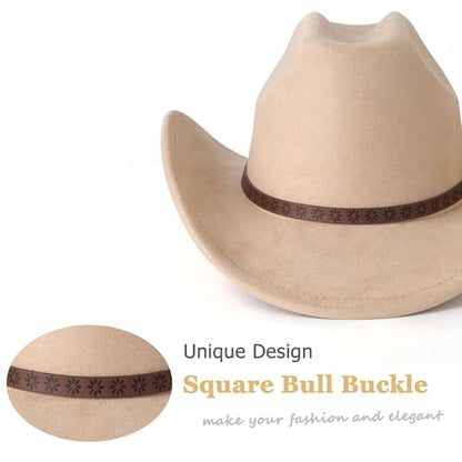 Western Cowboy Hat for Women Men Retro Suede Hat - color: Camel-small Flower Belt