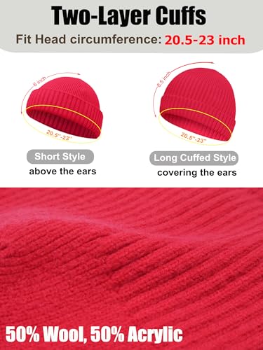 Wool Short Fisherman Beanie for Men Women Double Cuffed Skull Caps - color: 1pcs-red