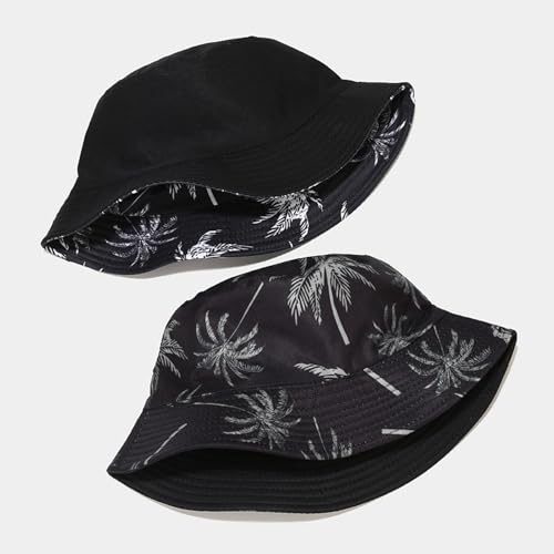 Bucket Hat for Women Men, Cotton Reversible Double Side Wear Sun Hats Beach Fisherman Hat - color: Black Coconut Tree