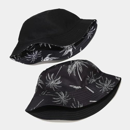 Bucket Hat for Women Men, Cotton Reversible Double Side Wear Sun Hats Beach Fisherman Hat - color: Black Coconut Tree