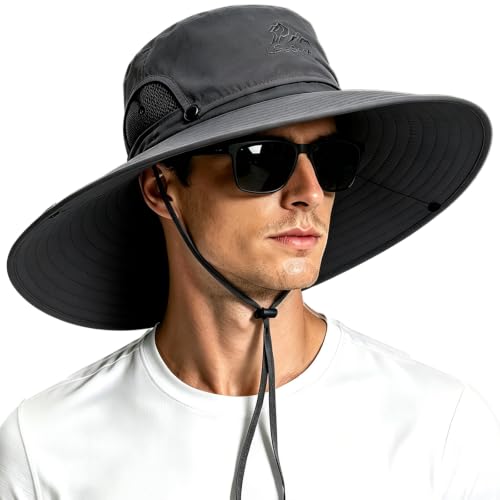 Mens Sun Hat Wide Brim Sun Hats for Men UV Protection Waterproof Bucket Hat - color: Dark Grey