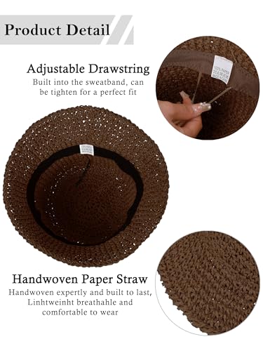 Womens Sun Hat Handmade Crochet Straw Bucket for Summer Foldable Travel Cap - color: Coffee