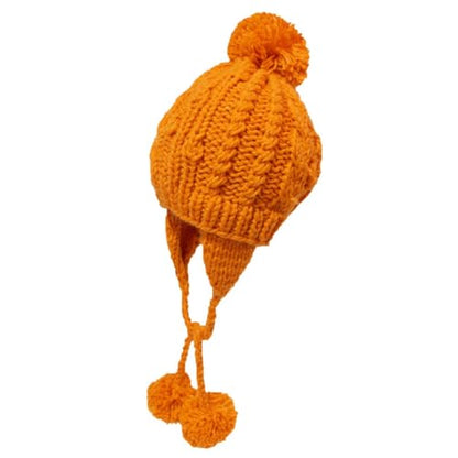 Women Winter Crochet Hat Cable Knit Beanie Ski Ear Flaps Pom Cap - color: Orange