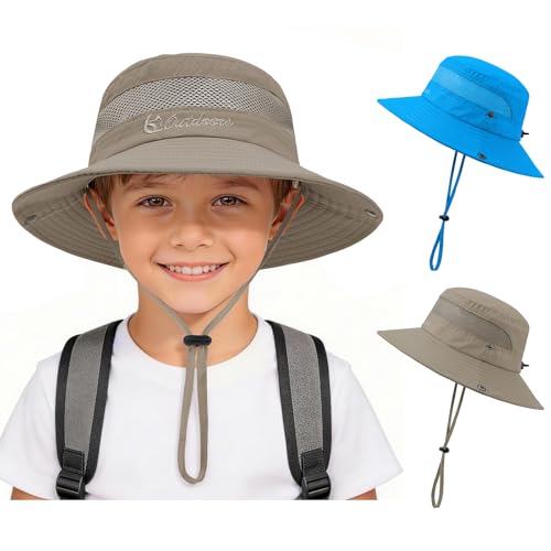 Kids Sun Hat UPF 50+ Safari Bucket Hat for Boys Girls - color: 2 Pack Khaki & Blue, size: Medium