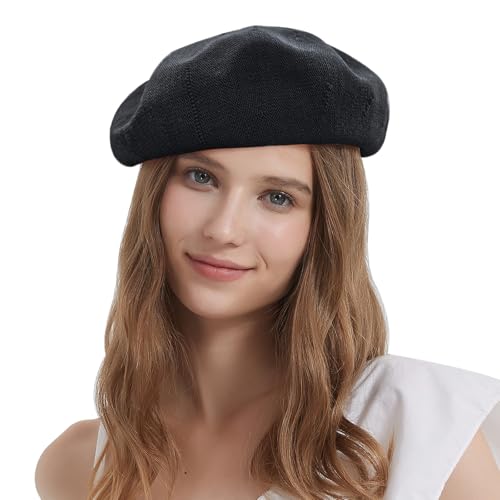 Summer French Beret Breathable Thin Beret Hat Solid Color Beanie for Women Lady - color: Black