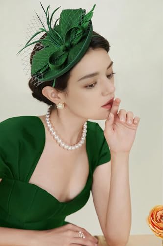 BABEYOND Fascinators Hats for Women Tea Party Pillbox Sinamay Derby Hat - color: Dark Green