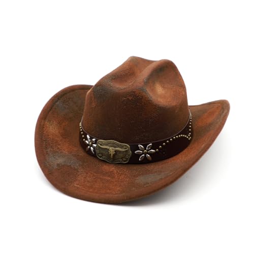 Western Cowboy Hat for Men Cowgirl Hat for Women Wide Brim Felt Fedora Hats Classic Cowboyhat with Buckle Belt - color: Rusty Coffee
