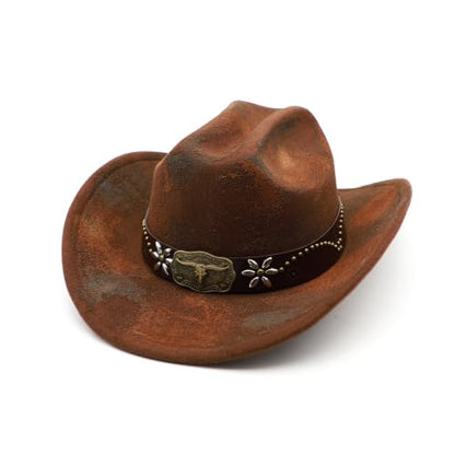 Western Cowboy Hat for Men Cowgirl Hat for Women Wide Brim Felt Fedora Hats Classic Cowboyhat with Buckle Belt - color: Rusty Coffee