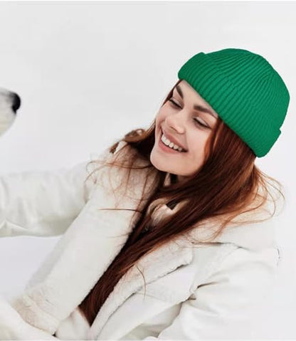 ROYBENS Swag Wool Knit Cuff Short Fisherman Beanie for Men Women Winter Hat - color: 1pcs-kelly Green-thick Double Layer