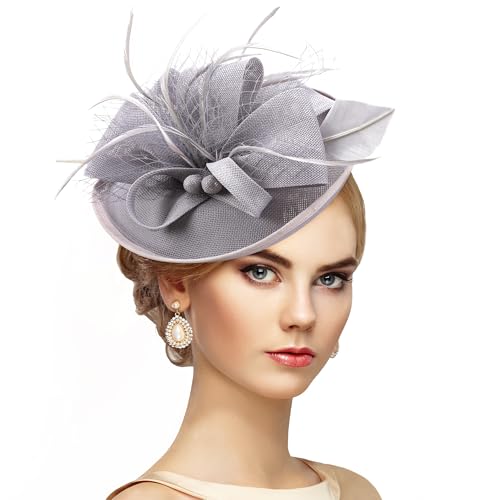 Zinniday Kentucky Fascinators Hats for Women - Vintage Tea Party Outfit Headband Church Derby Hat for Women (9.64x7.87inch) - color: Grey