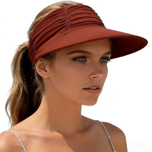 KXF Sun Visors Hat for Women Wide Brim Beach Hat Foldable Visor Hat Cap Ponytail Summer Packable UPF 50+ Adjustable Stretchy - color: Coffee