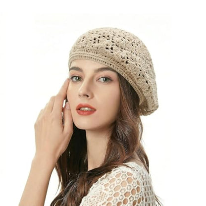 ZLYC Women Cotton Slouchy Crochet Beret Handmade Cutout Floral Beanie Hat - color: Crochet Beige