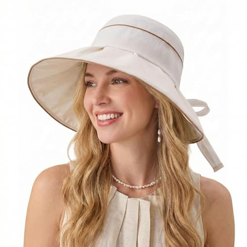 Women Summer Sun Hats Wide Brim Foldable Packable UPF 80+ UV Protection Travel Beach Outdoor Bucket Hat Bow Tie - color: Beige