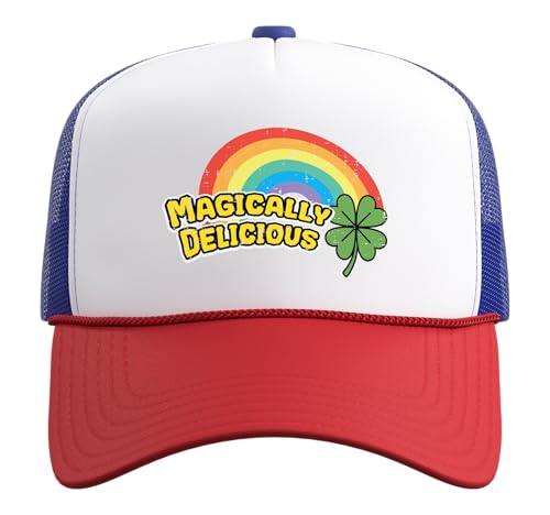 St Patricks Day Magically Delicious Saint Paddys Men Women Trucker Hat with Adjustable Mesh Back - color: Red/White/Royal Blue