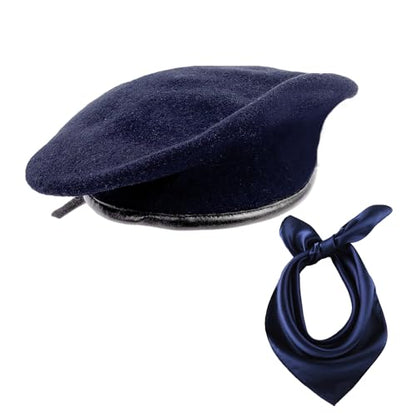 British US Military Berets with 35" Square Silk Like Head Scarf, Army Beret French Beret for Men and Women - color: Navy Blue, size: X-Large
