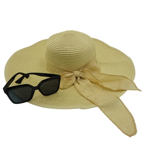 4E's Novelty Floppy Sun Hat for Women with Sunglasses, UPF 50+ Straw Hats for Women UV Protection, Packable Beach Hat for Summer Beige