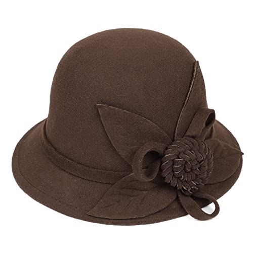Ladies Wool Felt Bucket Hat Women Vintage Cloche Fedora Winter Church Bowler Hat with Bow - color: Brown Rose