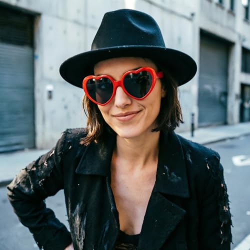 DRESHOW Women Classic Felt Fedora Wide Brim Floppy with Belt Buckle Panama Hat - color: 01 Set: Felt Fedora Black + Heart Eyeglasses + Eyeglass Case