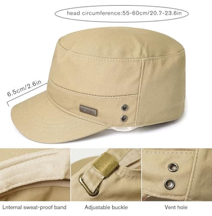 Unisex Flat Top Military Cadet Cap Outdoor Sun Hat - color: Square Label Khaki