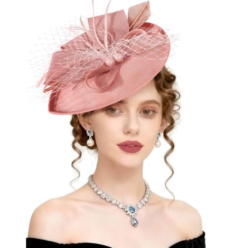 AQOKKA Women Fascinators Hats Flower Mesh Feathers Headband Clip - color: 1 Pc Feather Fascinators : Blush Pink