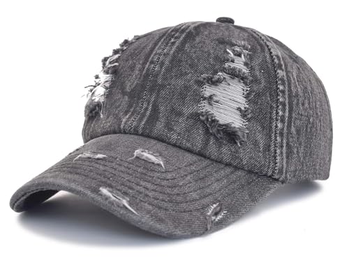 TSSGBL Unstructured Distressed Baseabll Cap Cotton Soft Dad Hat Adjustable Low Profile Headwear Ball Caps for Women Men - color: Distressed-denim-black, size: Medium-Large