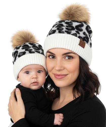 Funky Junque Mommy & Me Pom Pom Beanies Set – Infant Baby & Mom Matching Winter Outfits, Warm Newborn & Women's Beanie Hats - color: Leopard - Ivory