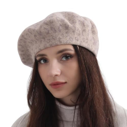 French Wool Beret Hats for Women Man - color: Leopard Print-creamy White