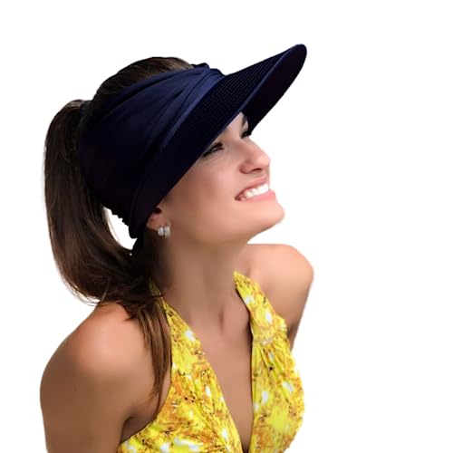 Sun Hat Women Beach Visor Cap UV Protection with Wide Brim Packable Summer Sport Ponytail Sun Cap - color: Navy Blue
