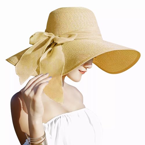 Lanzom Womens 5.7 Inches Big Bowknot Straw Hat Large Floppy Foldable Roll up Beach Cap Sun Hat UPF 50+ - color: Yellow