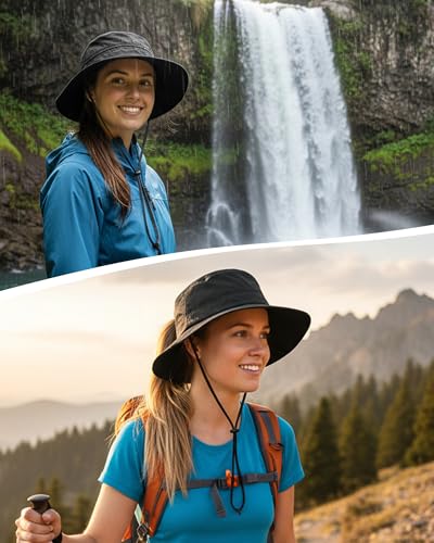 Womens Ponytail Sun Hat UPF50+ Waterproof Bucket Hat Packable Beach Hat - color: Black