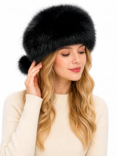 DLNYC Women’s Faux Leather Winter Hat with Faux Fur Trim, Soft Lined Cap with Hanging Cords & Pom-Poms, Warm Stylish Hat - color: Black