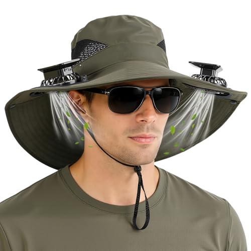 Hat with Fans Solar Power, UPF 50+ Wide Brim Sun Hat, Fishing Essentials for Hiking Beach Summer Safari - color: Pure Green