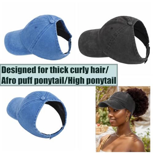 2 Pack Backless Cap for Women Natural Curly Hair Hat Baseball Cap Afro Puff Ponytail Hat - color: Black+blue