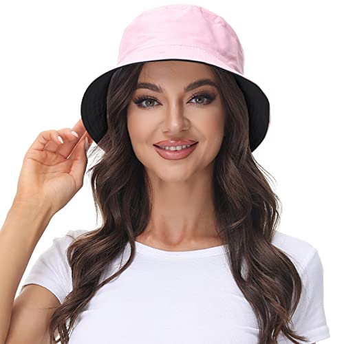Women Reversible Bucket Hat, Summer Sun Hat for Women - color: Black- Pink