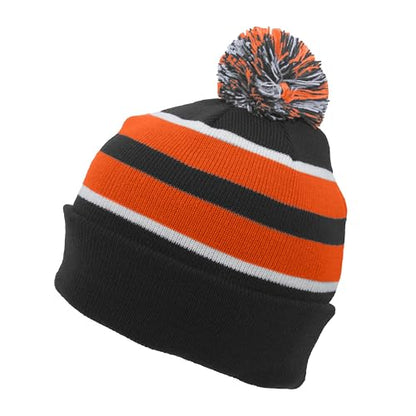 Pacific Headwear Unisex Adult Pacific Headwear Knit Fold Over Pom-pom Beanie - color: Black/Orange/White, size: One Size