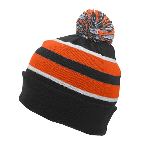 Pacific Headwear Unisex Adult Pacific Headwear Knit Fold Over Pom-pom Beanie - color: Black/Orange/White, size: One Size