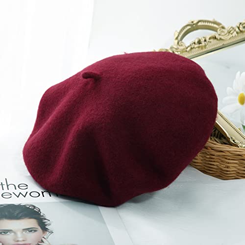 Women French Wool Beret Hats - Solid Color Classic Beanie Winter Cap - color: Wine Red