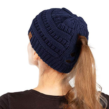 C.C Exclusives Soft Stretch Cable Knit Messy Bun Ponytail Beanie Winter Hat for Women (MB-20A) - color: 0 Criss-cross Navy