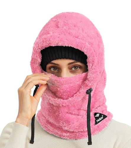Ski Mask Balaclava Wind-Resistant Winter Face Mask for Women/Men Adjustable Warm Hood Cover Hat Cap Scarf - color: Rose Pink