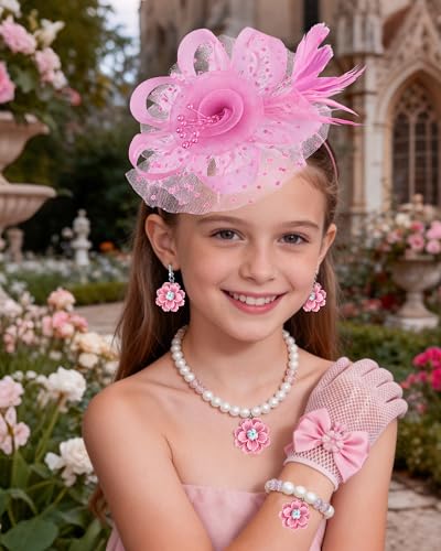 Girls Tea Party Fascinators Hats Girls Church Hats 20s 50s Pillbox Hat Cocktail Mesh Flower Pearl Feather Headband - color: Pink