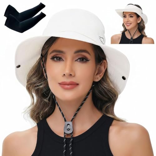 Sun Hats for Women Bucket Hat UV Protection Fishing Hat Wide Brim Safari Hats 2 in 1 Zip-Off Sun Visor Hats UPF 50+ - color: With One Pair Cooling Sleeves-1pack-white