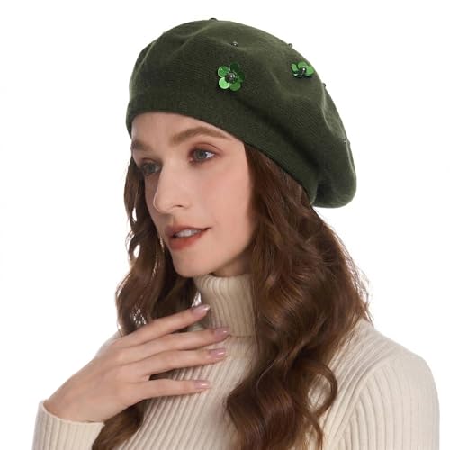ZLYC Women French Beret Hat Reversible Knit Thickened Warm Artist Cap - color: Paillettes Army Green