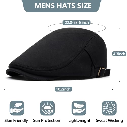 meioro Mens Cotton Newsboy Hat Adjustable Soft Fit Flat Cap for Men - color: Black