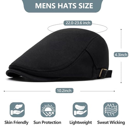 meioro Mens Cotton Newsboy Hat Adjustable Soft Fit Flat Cap for Men - color: Black