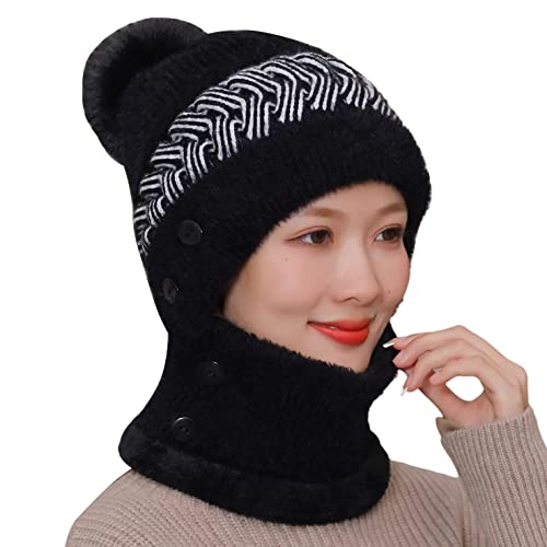 HUAMULAN Women Winter Knit Balaclava Fleece Lined Hooded Beanie Hats - color: Black, size: One Size