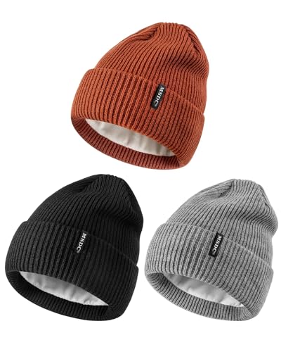MSDC Beanies Women 3 Pack, Winter Hats for Women Men Fleece Lined Warm for Cold Weather, Beanie for Women Fashion Skull Cap - color: Black+gray+dark Orange