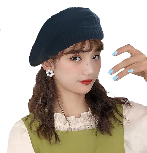Women's Satin Lined Knitted Beret Ladies Winter Autumn Warm and Soft Beanie Hat Solid Color