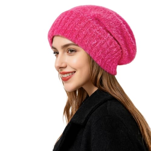 Satin Lined Slouchy Beanie Women-Winter Hats for Women Silk Lined Beanie for Winter Warm Cute Knit Hat - color: Rose Red