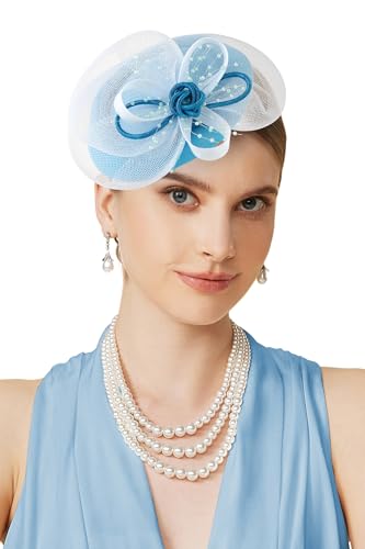 BABEYOND Fascinators Hats for Women Tulle Pillbox Knot Bead Tea Party Hat - color: Light Blue